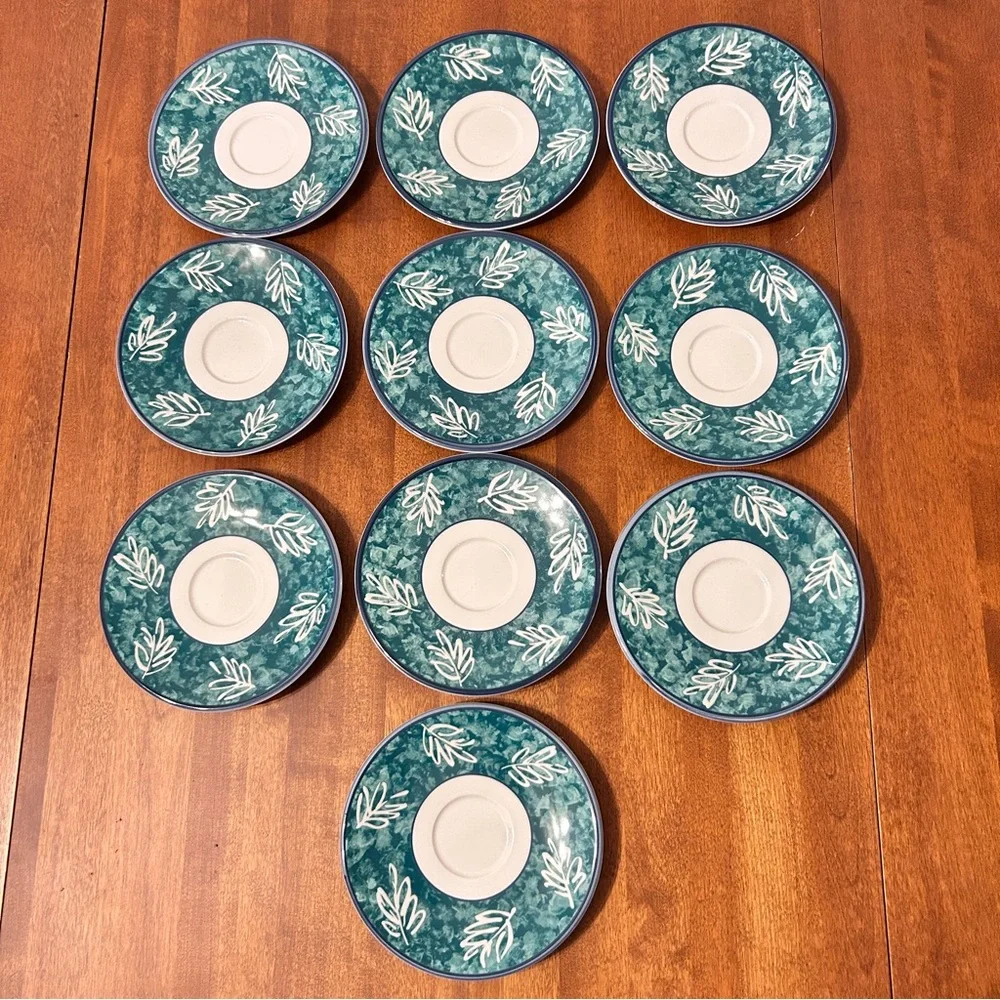 Mikasa Fashion Plate Leaf Song White Teal Ironstone Cups Mug Saucer 2 SETS
